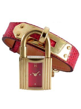 Hermes Kelly Watch Red SS Lizard Gold